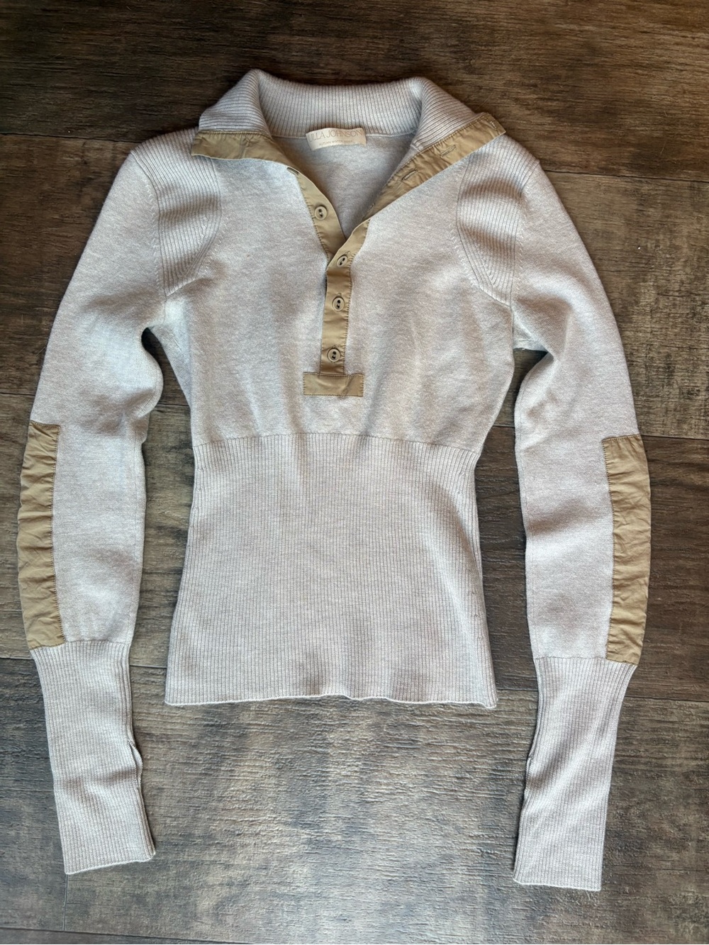 Ulla Johnson Fall/Winter 2022 Cream Ribbed Henley SweaterTan Trim Wool Blend
